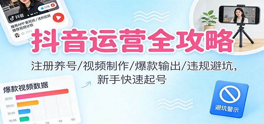抖音运营全攻略：注册养号/视频制作/爆款输出/违规避坑，新手快速起号-佳腾网赚