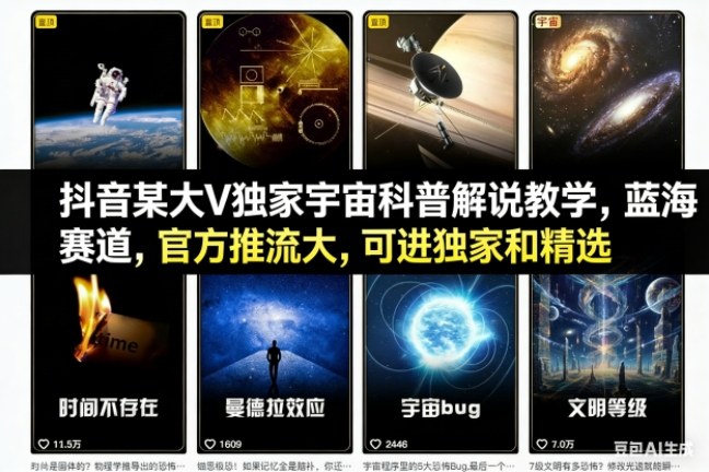 抖音某大V独家宇宙科普解说教学，蓝海赛道，官方推流大，可进独家和精选-佳腾网赚