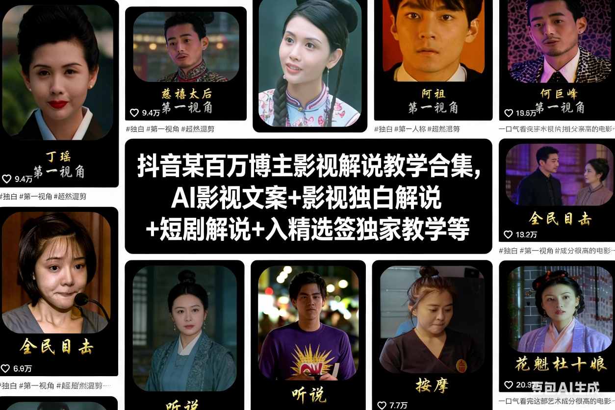 抖音某百万博主影视解说教学合集，AI影视文案+影视独白解说+短剧解说+入精选签独家教学等-佳腾网赚