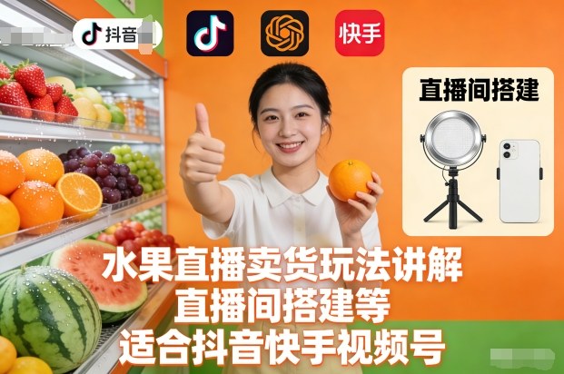 水果直播卖货玩法讲解、直播间搭建等，适合抖音快手视频号-佳腾网赚