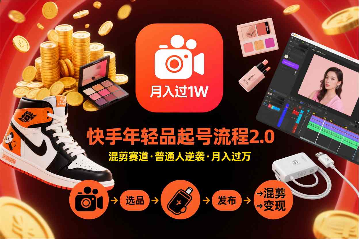 快手短视频带货年轻品起号流程2.0，快手年轻品混剪赛道，普通人也能月入过1W-佳腾网赚