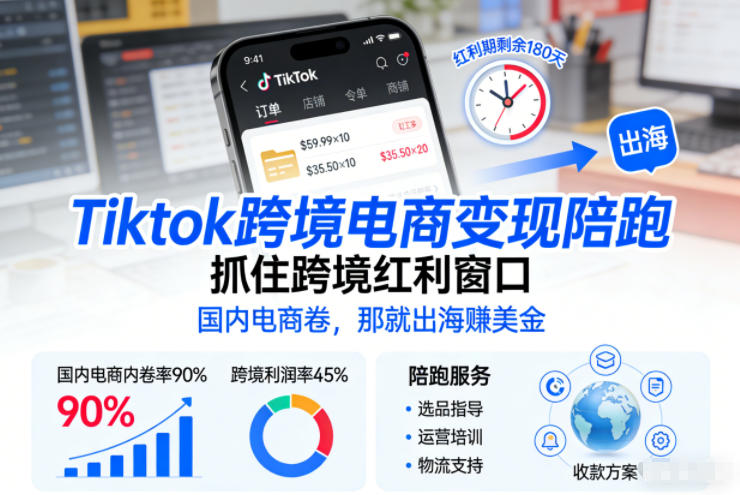 Tiktok跨境电商变现陪跑，抓住跨境红利窗口，国内电商卷，那就出海賺美金-佳腾网赚