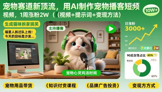 宠物赛道新顶流，用AI制作宠物播客短视频，1周涨粉2W(视频+提示词+变现方法)-佳腾网赚