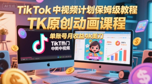 TikTok中视频计划保姆级教程，TK原创动画课程，单账号月收益4k美刀-佳腾网赚