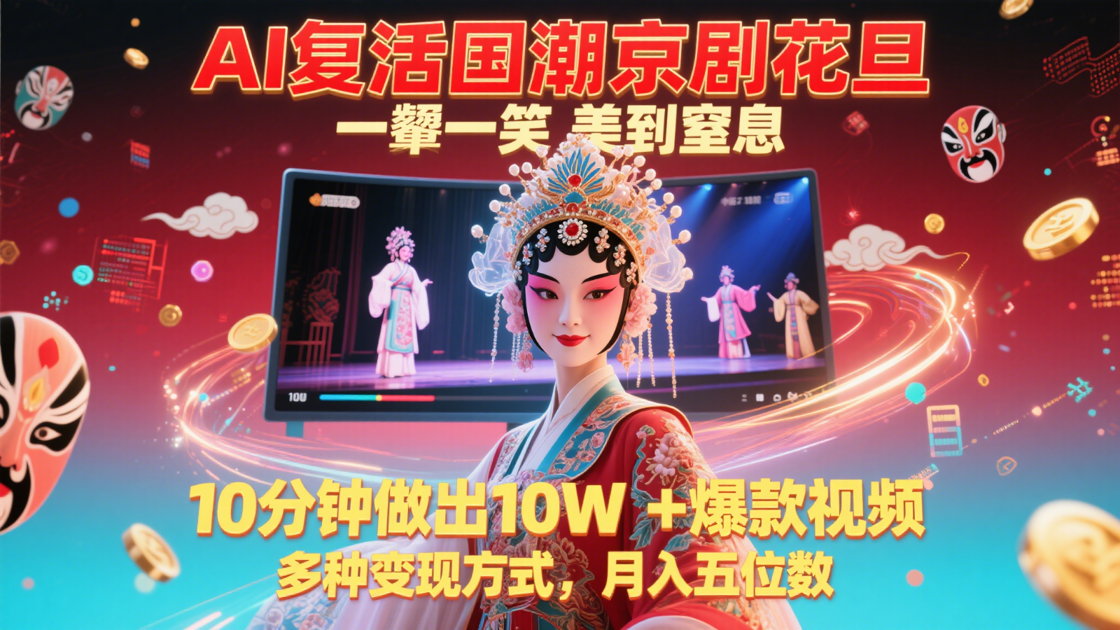 AI复活国潮京剧花旦，一颦一笑美到窒息，10分钟做出10W+爆款视频，多种变现方式-佳腾网赚