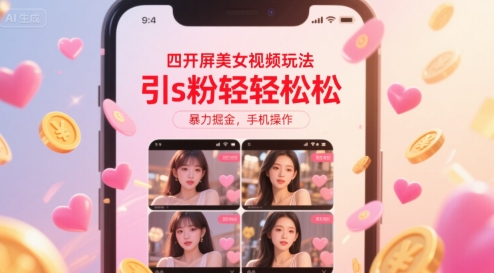 四开屏美女视频玩法，引s粉轻轻松松，暴力掘金，手机操作【揭秘】-佳腾网赚