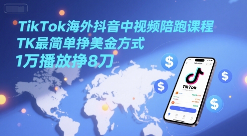 TikTok海外抖音中视频陪跑课程，TK最简单挣美金方式，1万播放挣8刀-佳腾网赚
