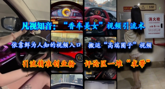 凡视知音：“香车美女”视频引流术，依靠鲜为人知的视频入口，搬运“高端圈子”视频，引流精准创业粉，评论区一堆“求带”-佳腾网赚