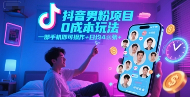 抖音男粉项目0成本玩法，一部手机即可操作，日均4张+，时间自由-佳腾网赚