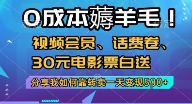 0成本薅羊毛!视频会员、话费卷、30元电影票白送，分享我如何靠转卖一天变现5张+【揭秘】-佳腾网赚