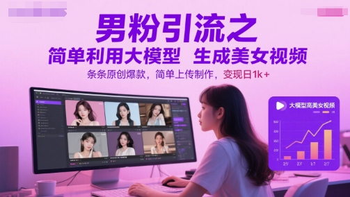 男粉引流之简单利用大模型生成美女视频，条条原创爆款，简单上传制作，变现日1k+-佳腾网赚