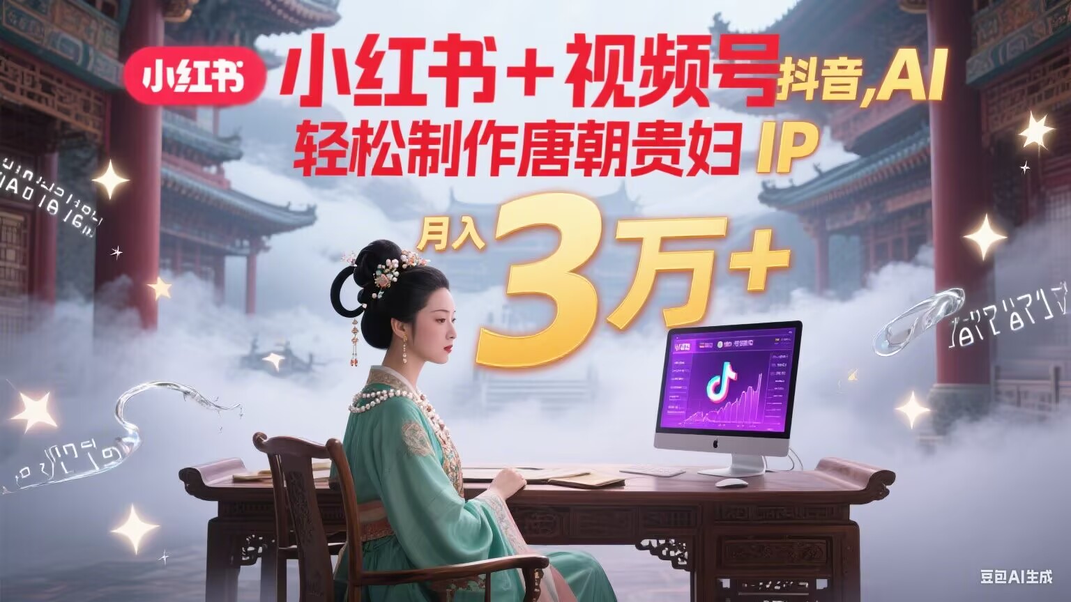 小红书+视频号+抖音，AI轻松制作唐朝贵妇IP，毒鸡汤、励志、减肥瘦身、养生赛道轻松切入，每天30分钟，轻松产出N条，月入3万+-佳腾网赚