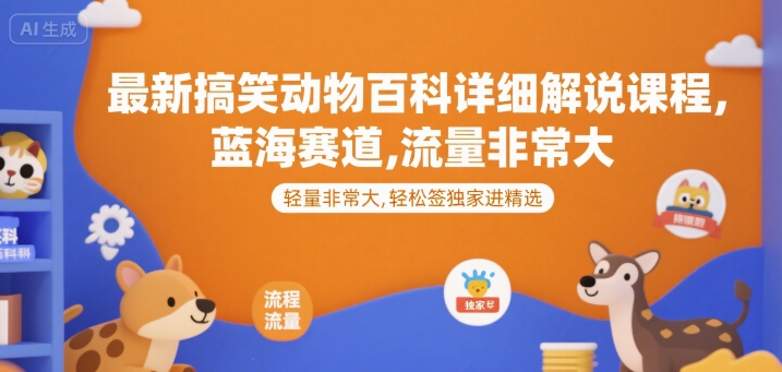 最新搞笑动物百科详细解说课程，蓝海赛道，流量非常大，轻松签独家进精选-佳腾网赚