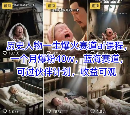 历史人物一生爆火赛道ai课程，一个月爆粉40w，蓝海赛道，可过伙伴计划，收益可观-佳腾网赚
