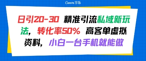 日引 20-30 精准引流私域新玩法，转化率50% 高客单虚拟资料，小白一台手机就能做-佳腾网赚
