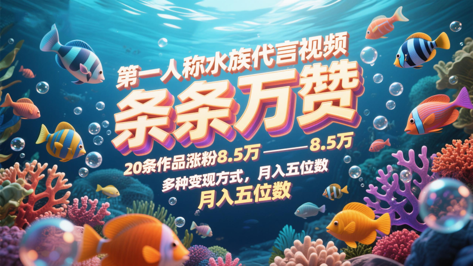 第一人称水族代言视频，条条万赞，20条作品涨粉8.5万，多种变现方式月，入五位数-佳腾网赚
